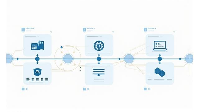A visual timeline or dashboard representing various fintech innovations like blockchain symbols, cloud icons, and quantum computing elements, with connecting lines.