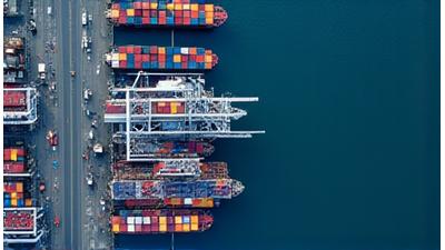 Satellite view of a busy port, indicating economic activity, with data overlays.