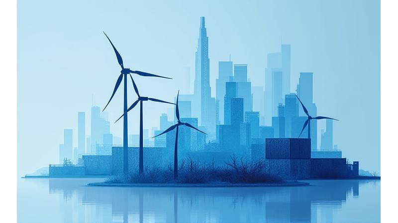 A collage of abstract representations of real assets: a stylized wind turbine, a section of a futuristic city skyline, an agricultural field, and a shipping container. The imagery should be clean, modern, and slightly geometric, with brand primary and accent colors prominent against a secondary dark grey background.