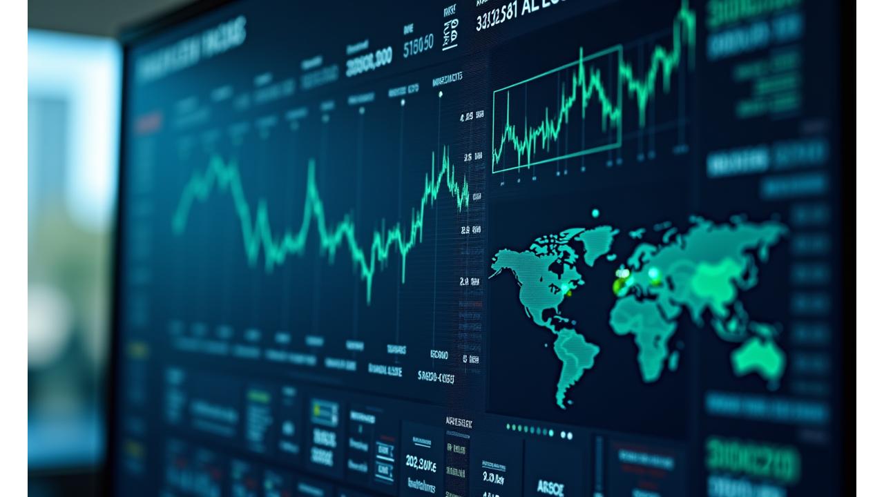 Interactive dashboard displaying stock charts, company financial metrics, and a world map with financial hotspots.