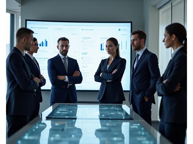 Professional photo of diverse executives in a boardroom setting, looking confident and collaborative.