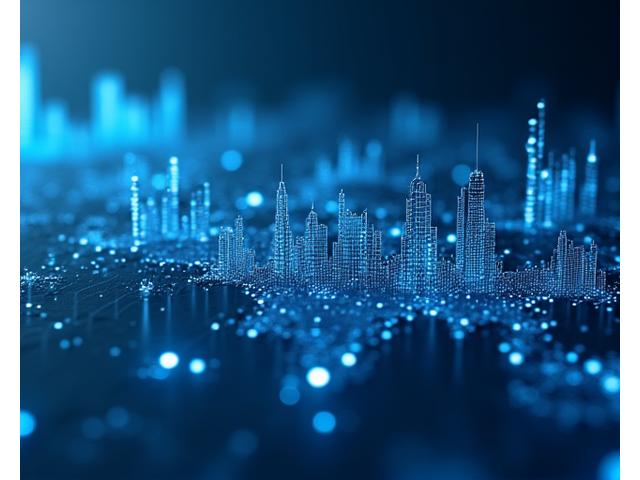 Abstract representation of corporate data analytics, charts, and graphs merging with corporate building outlines.