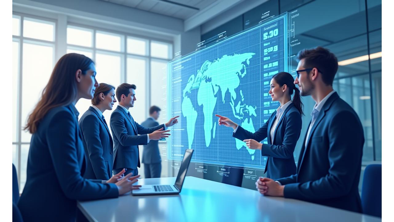 Illustration of a diverse group of professionals collaborating around a digital interface, symbolizing connection and expertise.