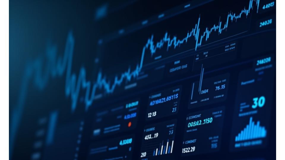 Sleek, modern digital dashboard displaying various economic indicators like GDP, inflation, and employment rates with up-to-date graphs and interactive elements. Colors are dark blues and whites with bright accents.