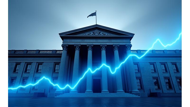 Visual representation of monetary policy and inflation, showing a central bank building with overlaid abstract charts of interest rates and inflation curves. The image conveys control and strategic planning.