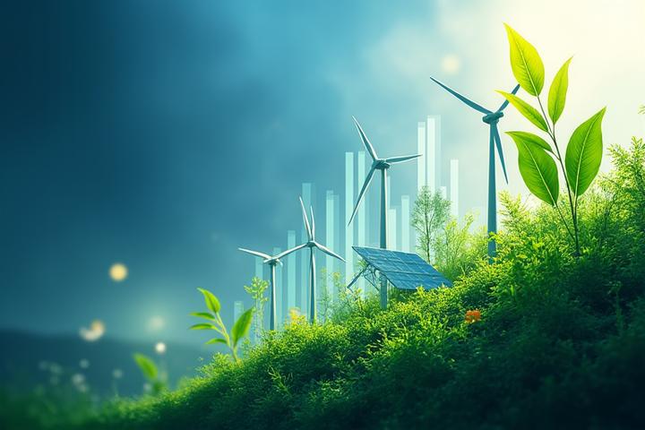 Abstract illustration of financial graphs merging with leaves and renewable energy symbols, representing green finance products.