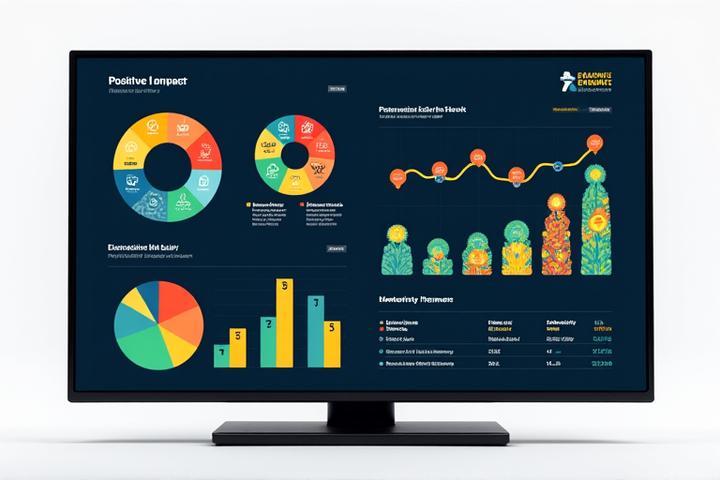 Digital dashboard displaying data visualizations related to SDGs, environmental impact, and social metrics, representing impact measurement.