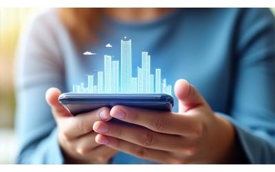 Hand holding a smartphone displaying a banking app interface, with graphs in the background.