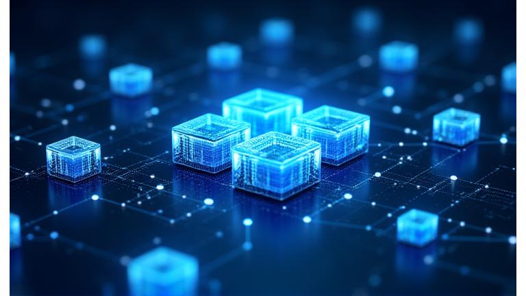 Abstract depiction of blockchain technology with interconnected blocks and symbols of decentralized finance, glowing lines.