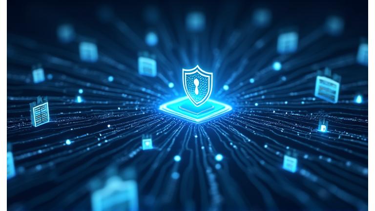 Visual representation of RegTech, with data streams flowing into a secure, compliant system visualized with shields and security icons.