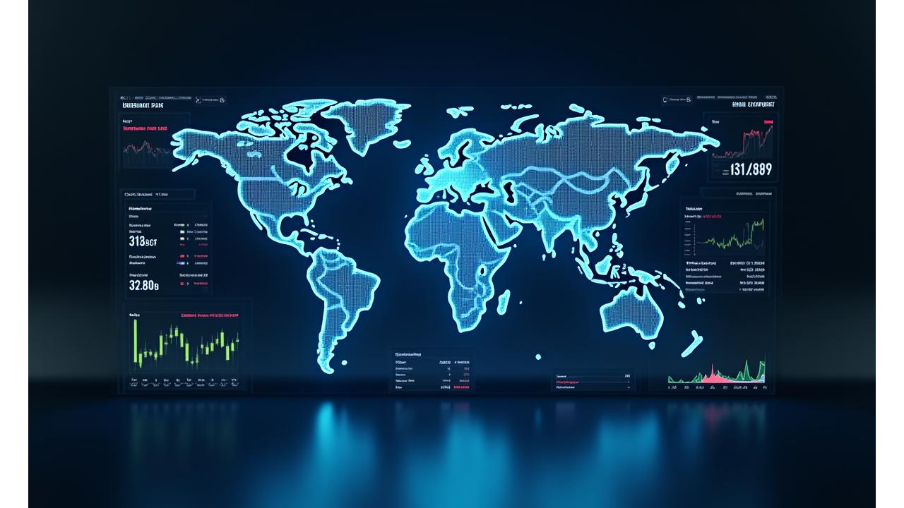 Interactive global market dashboard showing real-time data overlays on a world map