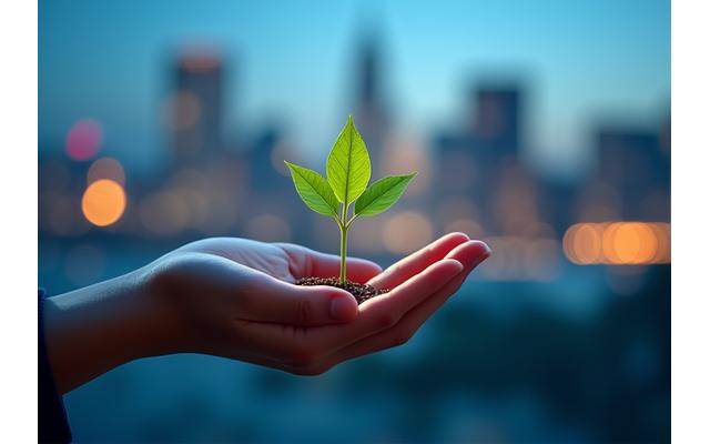 A stylized image of a hand holding a small green plant sprout, with a backdrop of a city skyline, representing sustainable investing themes.