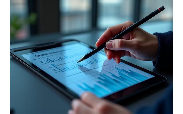 A close-up of a hand pointing at a complex financial chart on a tablet screen, depicting macroeconomic trends.