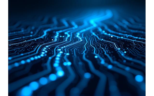 Glowing circuit board lines forming a network, symbolizing technology innovation and its impact on fintech.