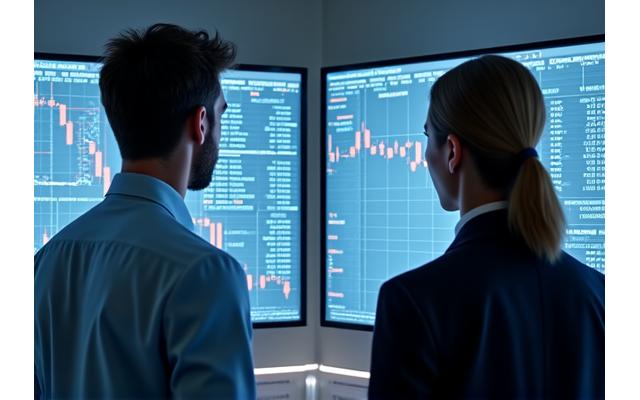Analysts reviewing financial data on multiple screens, indicating objective reporting and comprehensive analysis.