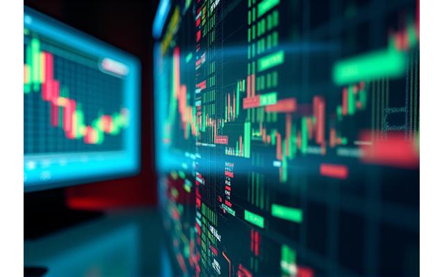 A digital interface showing real-time stock market fluctuations and charts, emphasizing live data and breaking news updates.