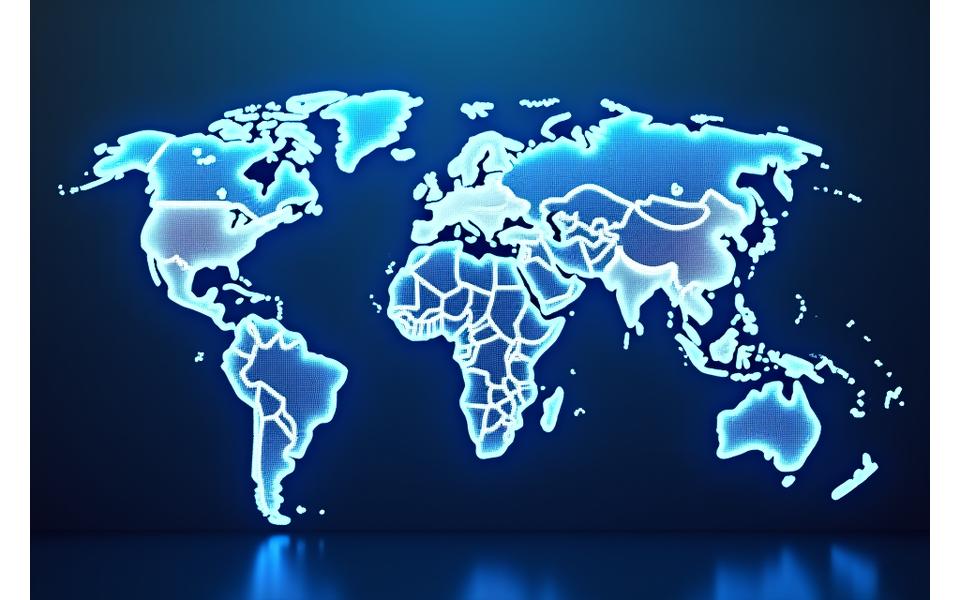 An interactive digital world map showing varying performance metrics across different regions, with glowing lines connecting financial hubs, indicating active global markets.