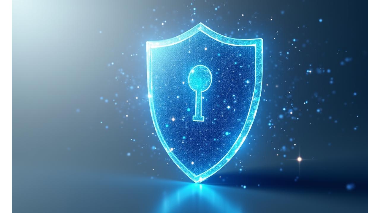 Abstract depiction of data security with a glowing blue digital shield, symbolizing protection and privacy in a futuristic, interconnected financial world.