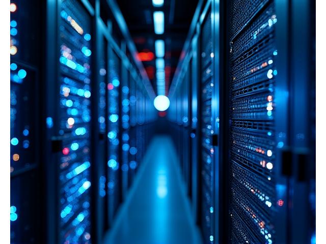 A secure data center with glowing lines representing encrypted data flow, surrounded by abstract digital security protocols.