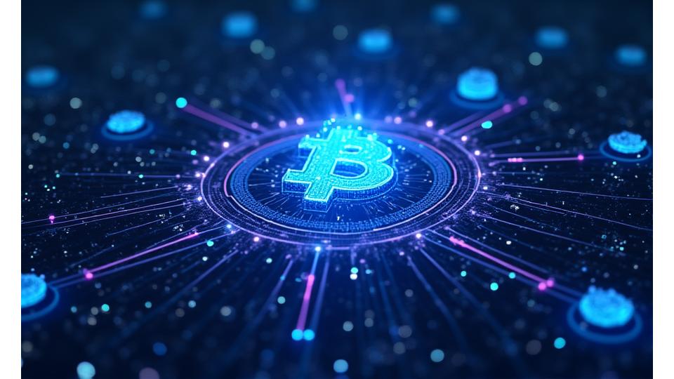 Illustration of digital glowing lines forming complex regulatory codes around blockchain and cryptocurrency symbols, signifying fintech regulation.