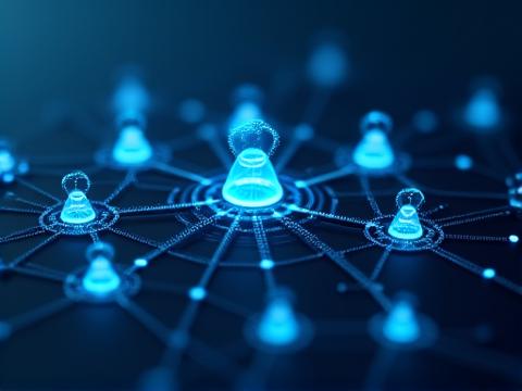 Abstract depiction of interconnected legal frameworks and compliance symbols, in shades of blue and white.
