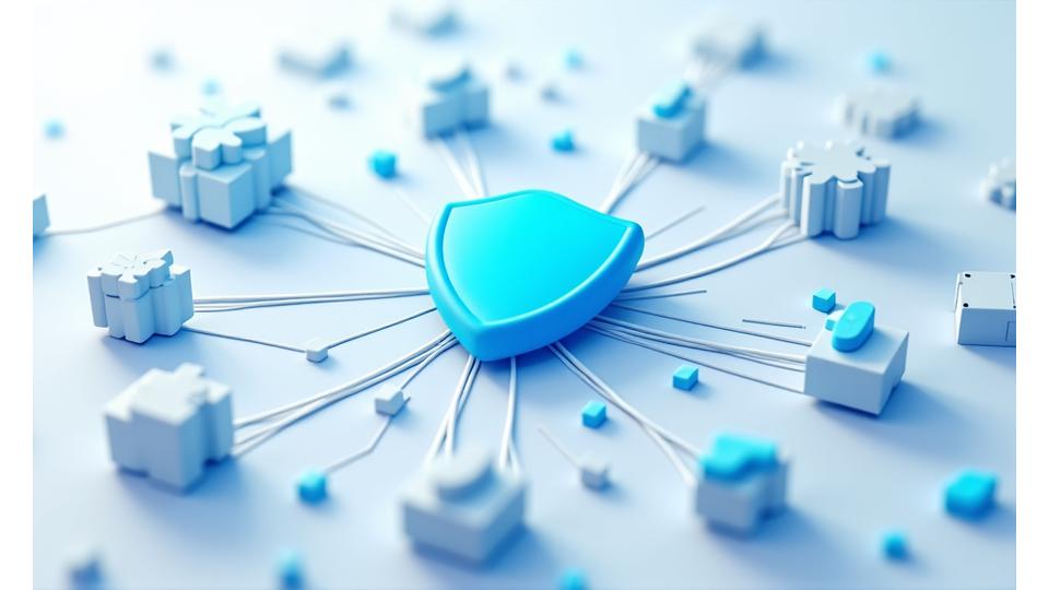 Illustrative image showing a complex web of interconnected nodes representing risk factors and a central shield icon, signifying robust risk management.
