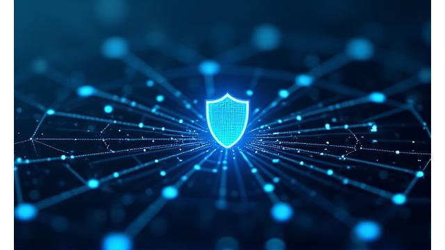 Abstract representation of cybersecurity with interconnected nodes and a shield icon, emphasizing protection
